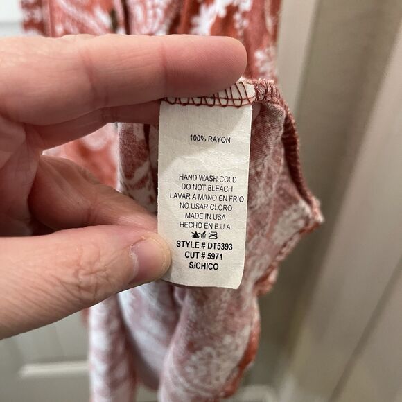 Ces Femme Red Rust White Floral Paisley Boho Strappy Tiered Dress Womens Size S - Picture 7 of 11